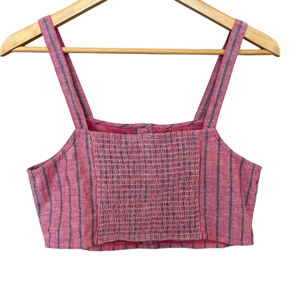 American Eagle Crop Top Sz Medium Washed Red Black Stripe Cotton Linen Smocked - Picture 3 of 9